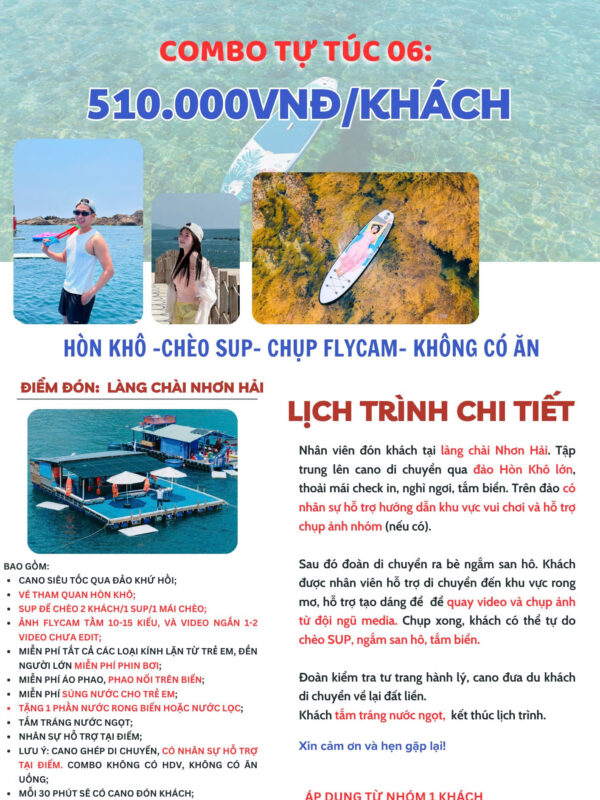Combo tự túc Không ăn, chèo SUP, chụp ảnh flycam.