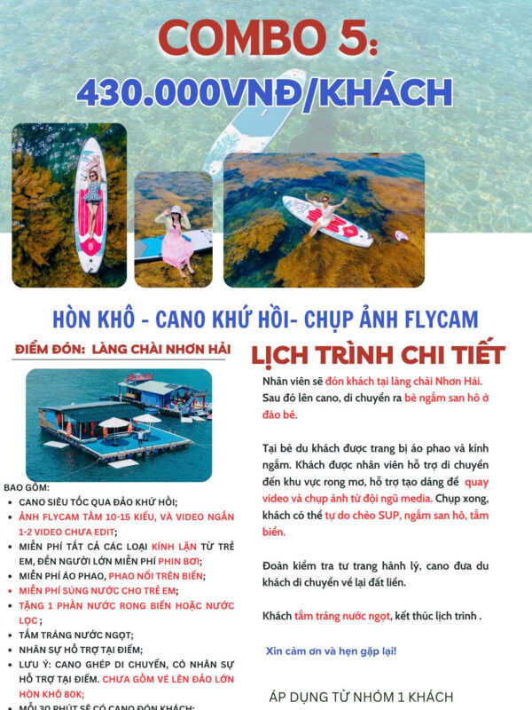 Combo tự túc Không ăn, chèo SUP, chụp ảnh flycam, không lên đảo Hòn Khô lớn.