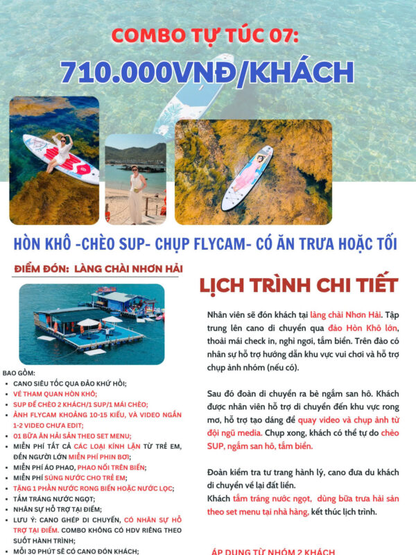 Combo tự túc CÓ ăn, chèo SUP, chụp ảnh flycam.